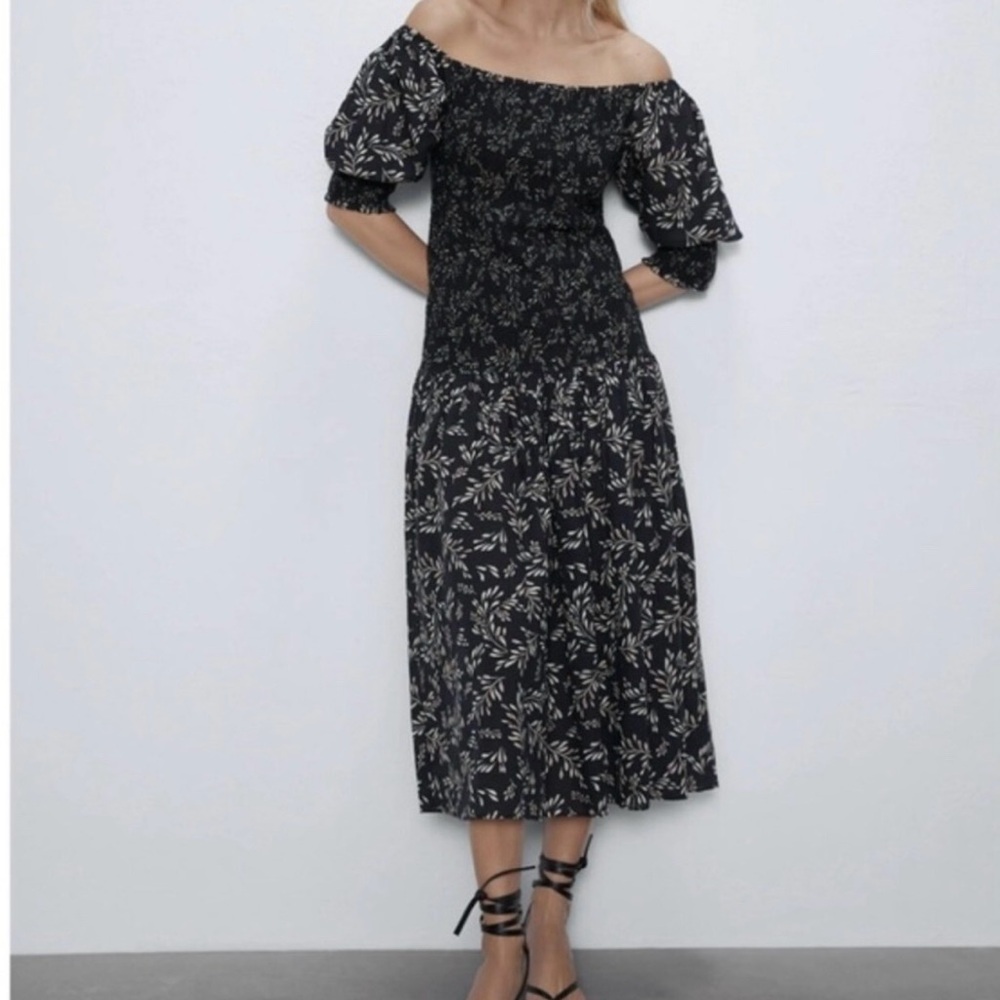 Zara Black Floral Smocked Waist  Dress